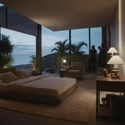 bedroom scene looking out at mountain from a room