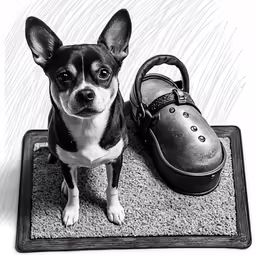 a small dog sitting in front of a shoe