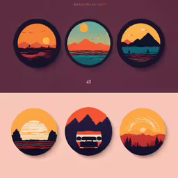 various circular designs for the desert and mountains,the back of the round stickers with mountains on them
