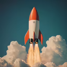 a red and white rocket takes off into the sky