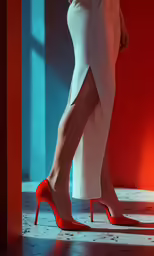 a woman wearing red heels and a white dress