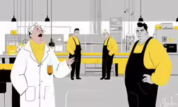 a cartoon drawing of men in a factory holding up drinks