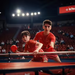 a couple of boys wearing boxing gloves