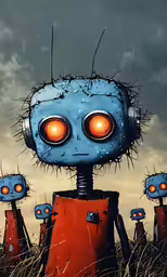 a robot that has two red eyes and is surrounded by orange eyes