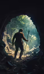 a man with a staff is standing in the dark
