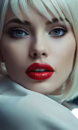 a woman with blonde hair, wearing red lipstick