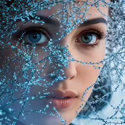 an attractive woman with bright blue eyes and delicate blue ornaments