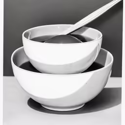 three bowls and one spoon are arranged in a black and white photo