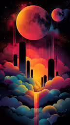a digital painting of a sunset scene,a digital art painting with colorful shapes and clouds