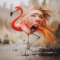 a flamingo making a face on the ground