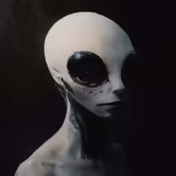 a white alien head with black eyes and body paint