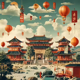 a chinese scene featuring oriental architecture and mountains