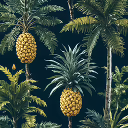 three pineapples in a grove of green trees