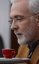 man with grey hair looking down at coffee cup