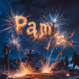 the firework displays the letters that spell out the word pam in the sky
