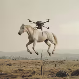 there is a white horse with a quadrote flying in the sky