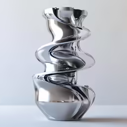 a silver vase sitting on top of a white table