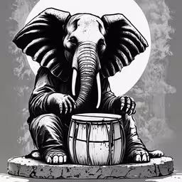 an elephant sitting with a barrel in his trunk,an elephant sitting on a barrel with it