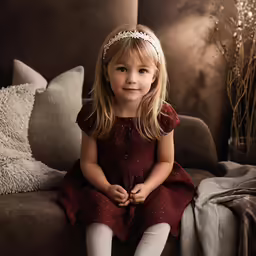 a little girl sitting on a brown couch next to pillows