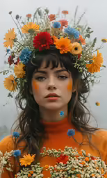 a woman with flower headdress on her