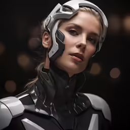 a woman in a suit and helmet on a dark background
