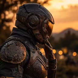 the knight in full armor stares into the distance