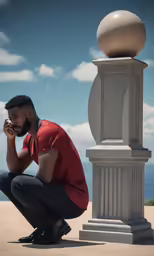 the man is posing near the pillars with his hand on his face