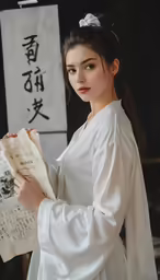 a woman standing with a newspaper in hand