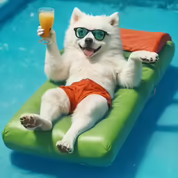 a fluffy white dog wearing glasses and orange shorts sitting in an inflatable pool holding a glass of orange juice