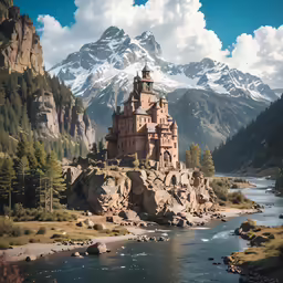 a castle perched in the middle of a river and some mountains