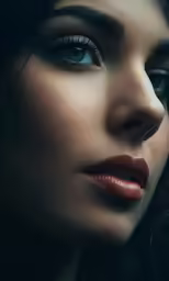an attractive woman looking away while wearing blue eyes