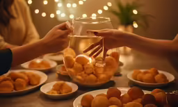 the people are reaching for the food in the bowl