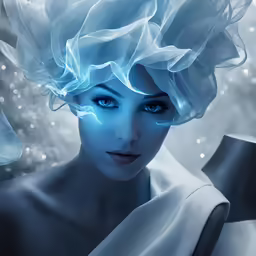 a woman with blue eyes has a blue dress