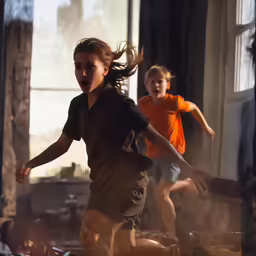 two children are running inside with the boy on the far side