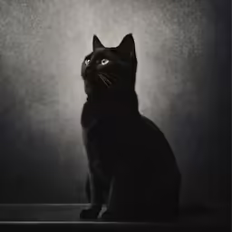 a black cat sitting down in front of a gray background