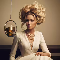 a woman in a white gown sitting down with a lantern hanging from a chain
