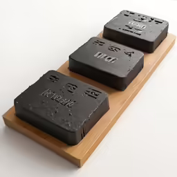 two rectangular shaped black stones sitting on top of a wooden base