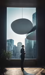 a woman standing in a room looking out at buildings