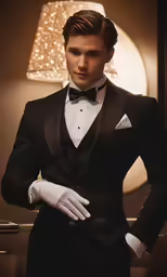 a young man in a tuxedo and white gloves standing in a room
