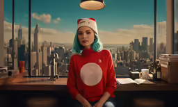 a woman wearing a red jumper and white polka dot hat
