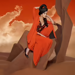 the woman is sitting on top of a rock