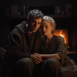 the man and woman sitting close together are staring into the distance