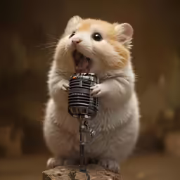 an adorable hamster with its mouth open holds a microphone