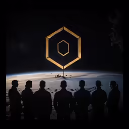 a group of people looking up at a lit - up object in the middle of space
