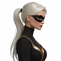 an adult woman with white hair and black mask