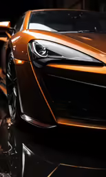 a close - up of the face and grille on an orange sports car