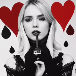a lady holding a camera in front of some hearts