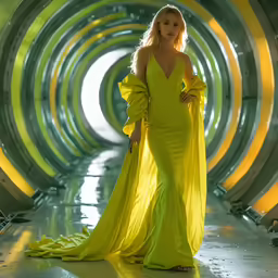 woman in long yellow dress standing in front of an abstract background