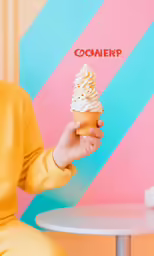 a girl is holding a cupcake with white icing