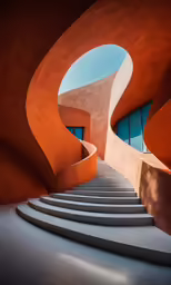 some stairs in front of an orange and orange building